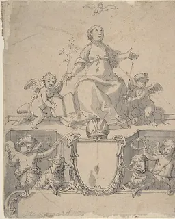 Cartouche with a Crown, the Virgin (?) and the Holy Ghost, and Four Putti by Johann Matthias Kager