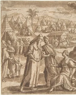 Aaron and Nadab Taking Leave of Elisheba (?), with the Israelites Camped before Mount Sinai and Moses Ascending the Mountain. by Adam van Noort