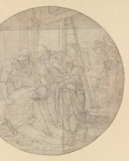 Christ at the Foot of the Cross, Mourned by Mary and John by Nicolaas Hogenberg