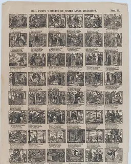 Broadside with 48 scenes of the life of Jesus Christ by José Noguera