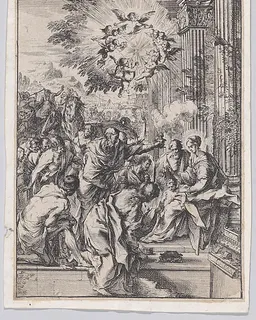The Adoration of the Magi, set before and architectural colonnade by Pietro Testa