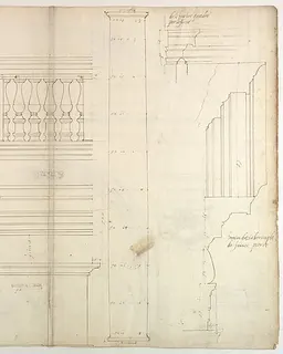 St. Peter's, exterior, tabernacle, elevation and section at base with details of pedestal and railing, (recto)
St. Peter's, exterior, tabernacle, elevation and section at arched opening (verso) by Anonymous, French, 16th century