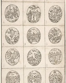 15 Oval Scenes From the Life of Christ and a Scene of a Saint Adoring the Holy Cross by Anonymous, Italian, 17th or 18th century