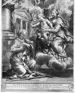 Saint Martina kneeling before the Virgin and Child, as the Child offers her a lily by François Spierre