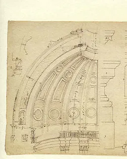 Half-Section of the Model of the Attic and Dome of Saint Peter's Basilica as Conceived by Michelangelo (recto); Detail Studies Relating to the Plan, Section, and Elevation of the Dome of Saint Peter's Basilica (verso). by Etienne DuPérac