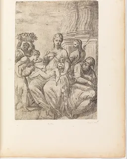 Holy Family with Saint John the Baptist and angels by Andrea Schiavone (Andrea Meldola)