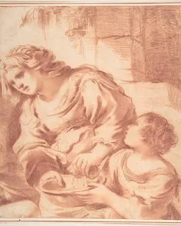 Woman Soaking a Cloth in a Bowl Held by a Girl (copy from Guercino's Saint Sebastian Tended by Irene) by Guercino (Giovanni Francesco Barbieri)