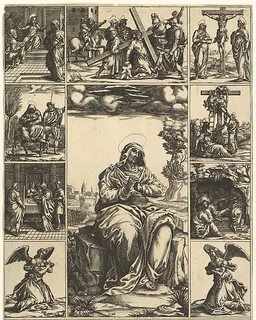 The Virgin of Sorrows; an image of the Virgin Mary surrounded by nine vignettes depicting scenes of her life by Giorgio Ghisi