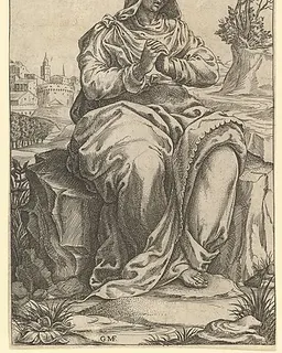 The Virgin of Sorrows; central part of a print with nine surounding compartments, now separated by Giorgio Ghisi