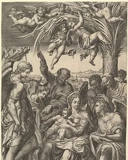 Rest on the Flight into Egypt; the Holy Family under a palm tree surrounded by angels, putti, and a male cleric or saint by Giorgio Ghisi