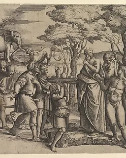 Melchizadek offering bread and wine to Abraham by Battista Franco