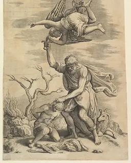 The sacrifice of Abraham who needs before Isaac who raises his sword to strike him by Battista Franco