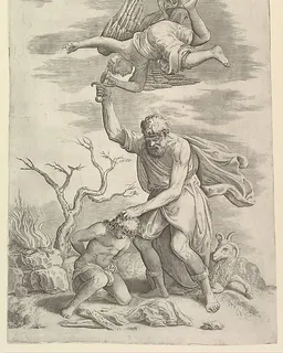 The sacrifice of Abraham who needs before Isaac who raises his sword to strike him by Battista Franco