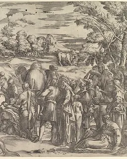 Moses Drawing Water from the Rock, at left with water flowing, various figures and animals waiting at right by Battista Franco