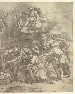 The Adoration of the Shepherds with angels overhead by Battista Franco