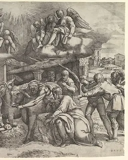 The Adoration of the Shepherds with angels overhead by Battista Franco