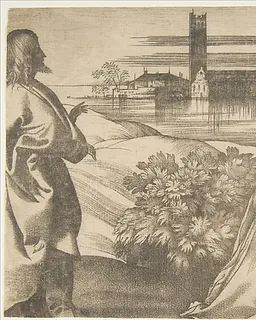 Christ standing at left addressing the Woman of Samaria at right who is standing by a well, lagoon in the background by Giulio Campagnola