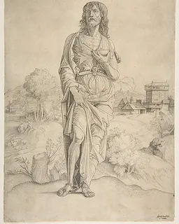 Saint John the Baptist standing in landscape, figures and buildings in the background by Giulio Campagnola