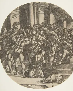 Female figure (Saint Catherine?) kneeling on the ground at center pleading to a male figure (Maximus?) who wears a crown and is seated on a throne at right; at left a figure with raised sword about to strike the woman; a group of figures looking on in the background by Domenico Campagnola