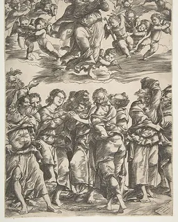 The Virgin at top center in clouds with clasped hands and right foot raised, surrounded by cherubin; below, the twelve apostles stand together gesturing upwards by Domenico Campagnola