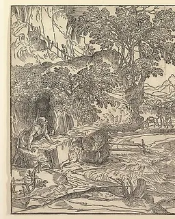 Landscape with Saint Jerome at left looking towards lion and bear  fighting at center; two figures with mule in the background by Domenico Campagnola