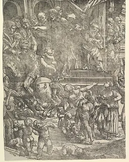 The Massacre of the Innocents (Left side), with man on horseback at center left, women and children below, group of figures standing on steps above, Herod seated on throne at upper right by Domenico Campagnola