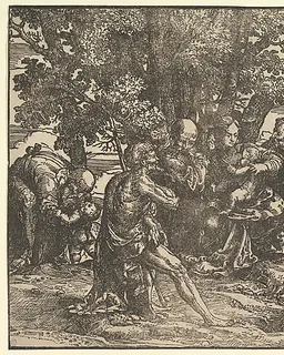Mary seated beneath trees with baby, flanked by Joseph at left and St. Jerome at right; St. John the Baptist seated in the foreground holding a cross; a man stooping to pick up a child at left; a lion seen from behind at right; a town in the background by Domenico Campagnola