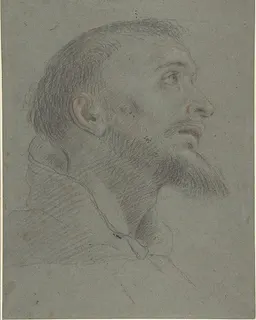 Bust-Length Study for the Head of Saint Francis in Near Profile Facing Right by Anonymous, Italian, Bolognese, 17th century