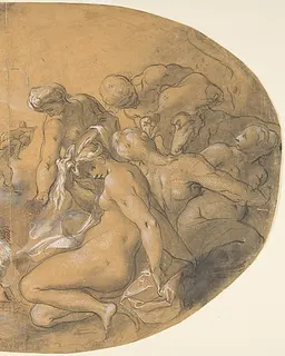 Satyrs and Nymphs; verso: partial counterproof of Heintz's "Studies for the Flight into Egypt" in The Courtauld Gallery, London by Joseph Heintz the Elder