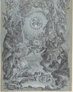 A Study for a Frontispiece: The Trinity and Saints surrounding the Sacred Hearts of Christ and the Virgin Mary, a Coastal Landscape Below by Vitus Felix Rigl