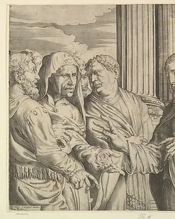 The Triubute Money: Christ at center right gesturing to man at his left with coins in his hand, other figures surrounding them; columns and drapery in the background by Domenico Campagnola