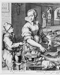 Kitchen Scene with Kitchen Maid Preparing Fish, Christ at Emmaus in the Background, from Kitchen and Market Scenes with Biblical Scenes in the Background by Jacob Matham