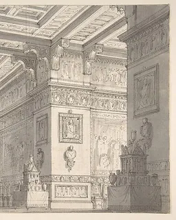 Design for a Stage Set?:Interior of a Stateroom with Four Tables Displaying Urns and Tabernacles. by Alessandro Sanquirico