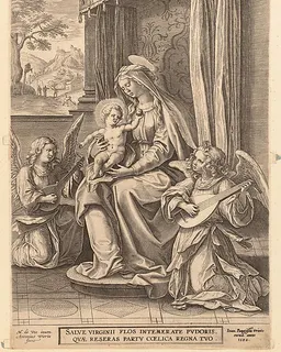 Virgin and Child Enthroned  with Two Musical Angels by Jan (Johannes) Wierix