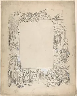 Cartouche framed with scenes of Christ leaving tomb and Easter Bunny by Anonymous, German, 19th century