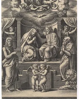 The Coronation of the Virgin, at lower left stands St John the Baptist, at lower right St Jerome, God the father above by Master of the Die