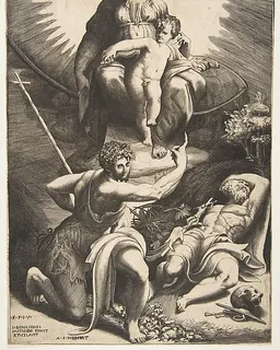 The vision of Saint Jerome who is asleep in the bottom right, the Virgin and Child appear above being pointed to by Saint John the Baptist by Giulio Bonasone