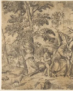 The Rest on the Flight into Egypt, Joseph at right, the Virgin holds the Christ Child in the centre, other figures to the left by Giulio Bonasone