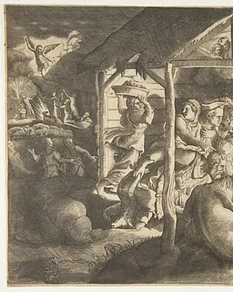 The adoration of the shepherds, various figures surrounding the Christ Child in the centre by Giulio Bonasone
