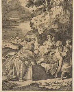 The entombment of Christ, the crosses on Calvary visble in left background by Giulio Bonasone