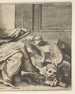 Saint Mark writing his Gospel, a winged lion at the right by Giulio Bonasone