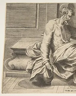 Saint Mark writing his gospel, winged lion at the right by Giulio Bonasone
