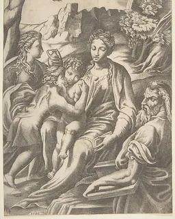 The Holy Family with Mary Magdalene and John the Baptist who embraces Christ by Giulio Bonasone