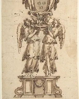 Design for a (Temporary?) Structure consisting of Two Angels carring the Medici Coat of Arms crowned by the Figure of Christ by Anonymous, Italian, 16th to early 17th century