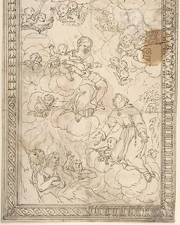 Kneeling Saint and Lost Souls before the Madonna and Child, with Four Alternate Border Designs by Anonymous, Italian, 17th century