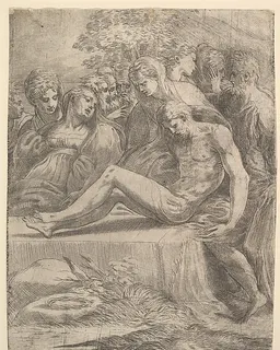 The lamentation over the dead Christ by Andrea Schiavone (Andrea Meldola)