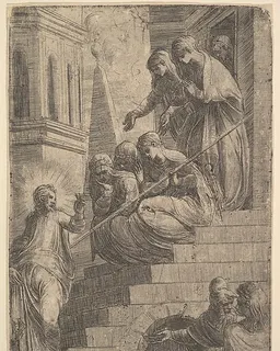 Christ addressing a group of women seated and standing on steps by Andrea Schiavone (Andrea Meldola)