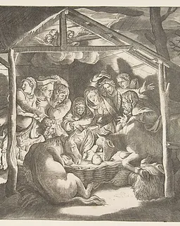 The adoration of the shepherds, various figures at night surround the Christ Child by Giulio Bonasone