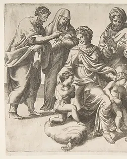 The Holy Kinship, in thecentre the Christ Child takes a bird given to him by the infant John the Baptist by Giulio Bonasone