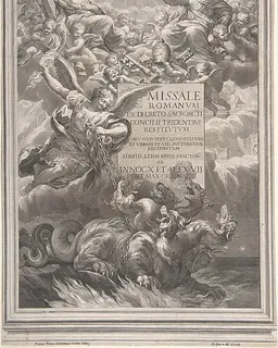 The holy trinity with Saint Michael vanquishing a six-headed dragon, frontispiece to 'Missale Romanum ex decreto sacrosancti Concilii tridentini restitutum' by Pietro da Cortona (Pietro Berrettini)